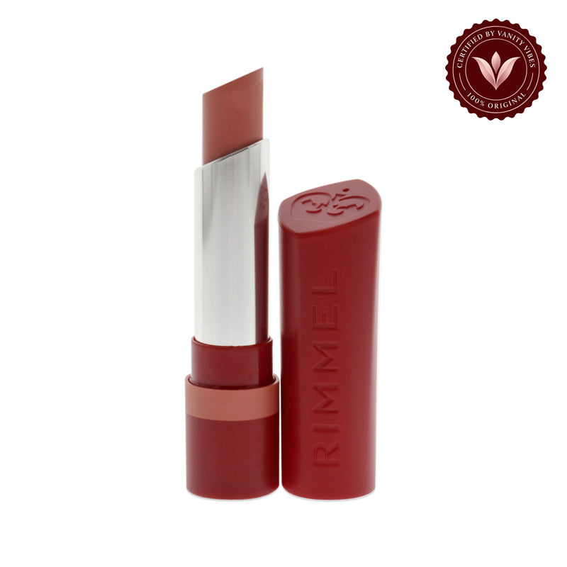 Rimmel The Only 1 Matte Lipstick 600 Keep It Coral, opened lipstick and cap with Vanity Vibes badge