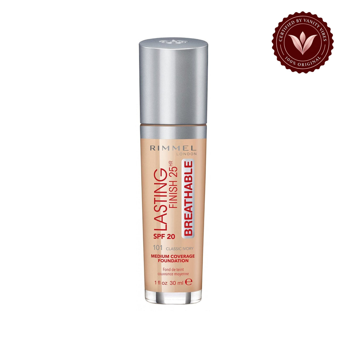 Rimmel London Lasting Finish Breathable Foundation, SPF 20, 101 Classic Ivory, 30ml — centered front product image