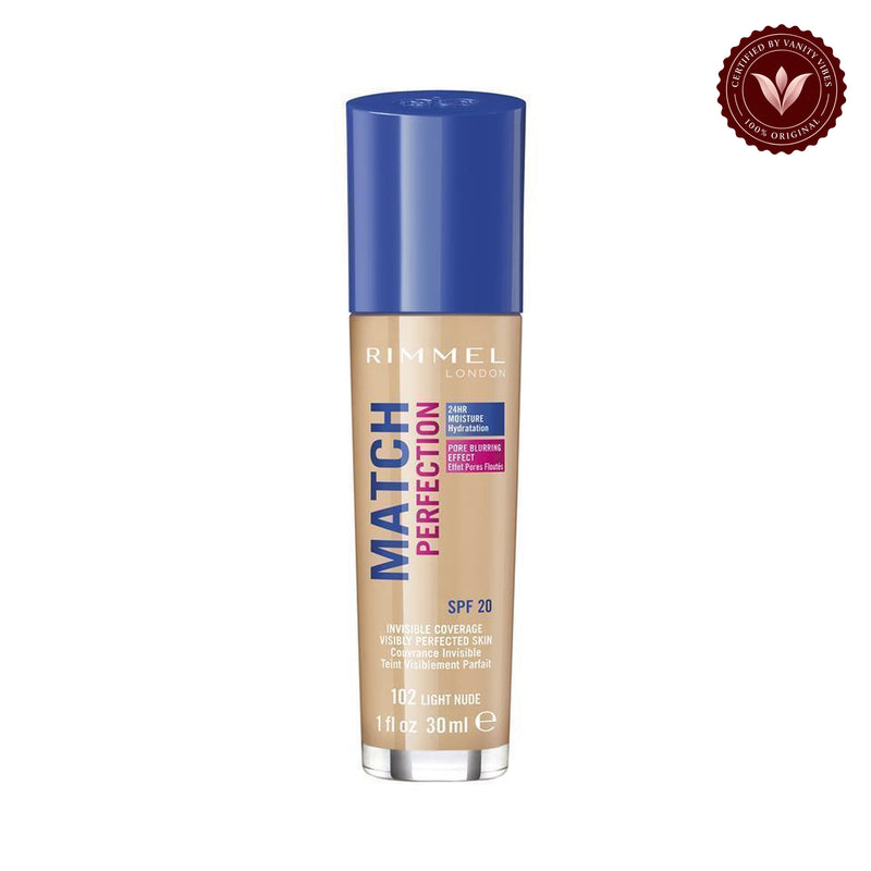 Rimmel Match Perfection Light Perfecting Radiance Sunscreen Foundation, 102 Light Nude product on white background