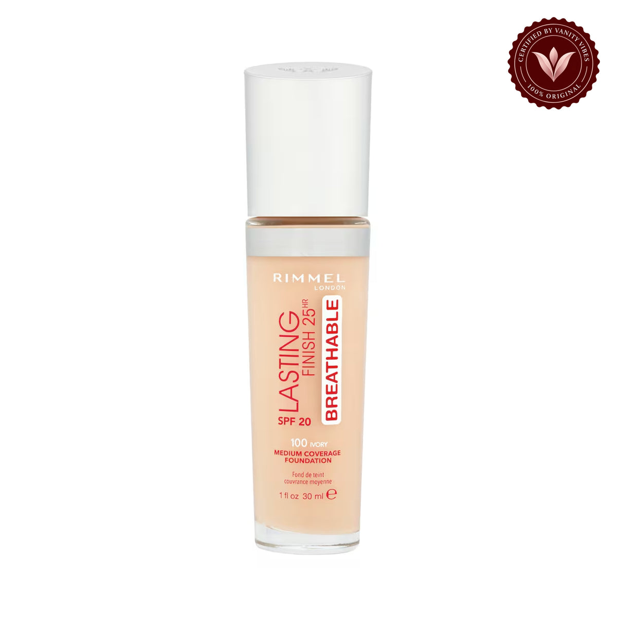 Rimmel London Lasting Finish Breathable Foundation, SPF 20, 100 Ivory, 30ml product on white background