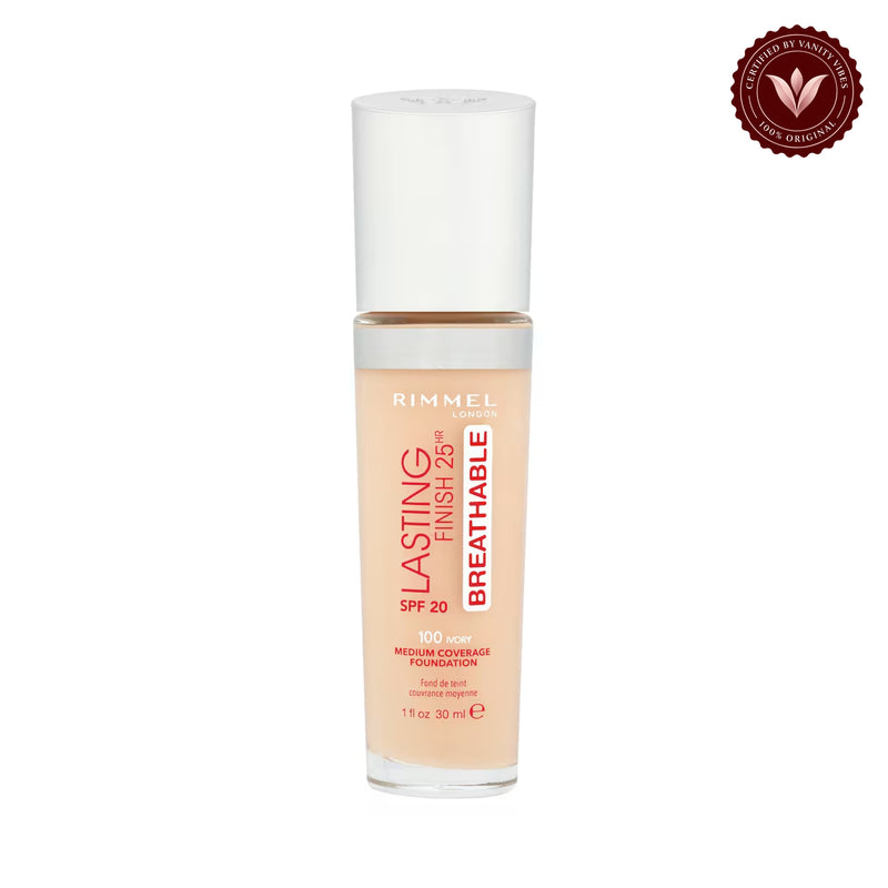Rimmel London Lasting Finish Breathable Foundation, SPF 20, 100 Ivory, 30ml product on white background