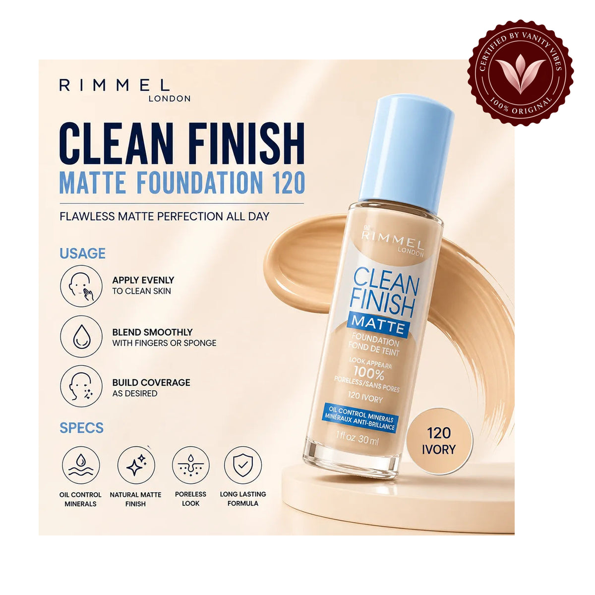 Rimmel Clean Finish Matte Foundation 120 Ivory, product details image
