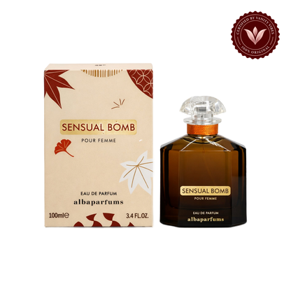 Alba Sensual Bomb; bottle and box, transparent background, Vanity Vibes badge