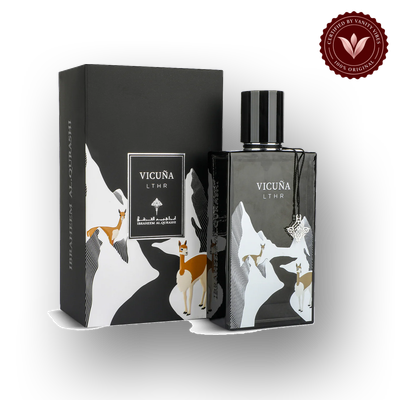 Ibrahim Al Qurashi VICUNA LTHR Ibraq Perfumes – إبراق front box and bottle | Vanity Vibes Pakistan