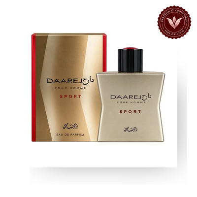 Rasasi Daarej Sport 100ml EDP, box and bottle with Vanity Vibes badge