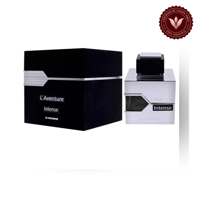 Al Haramain L’Aventure Intense 100ml EDP, box and bottle with Vanity Vibes badge