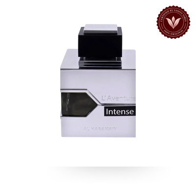 Al Haramain L’Aventure Intense 100ml EDP bottle view with Vanity Vibes badge
