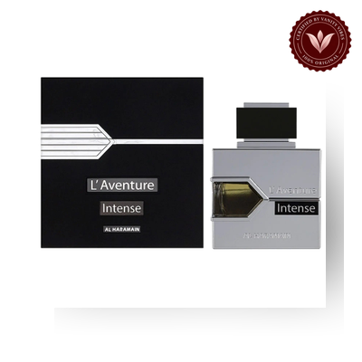 Al Haramain L’Aventure Intense 100ml EDP alternate packaging view with Vanity Vibes badge