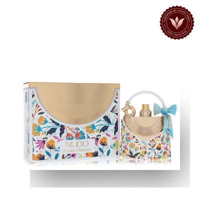 Fragrance World Nudo Exotic Flowers 100ml EDP box and bottle with Vanity Vibes badge