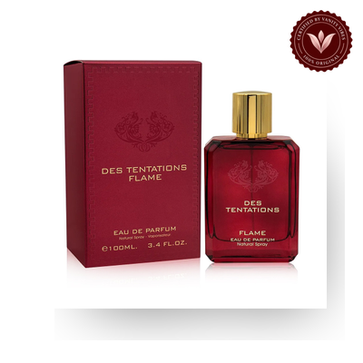 Fragrance World Des Tentations Flame 100ml EDP, box and bottle with Vanity Vibes badge