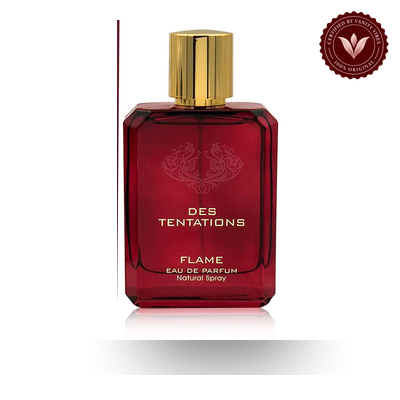 Fragrance World Des Tentations Flame 100ml EDP bottle view with Vanity Vibes badge