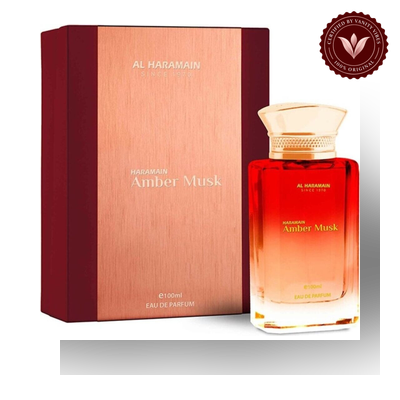 Al Haramain Amber Musk 100ml EDP, box and bottle with Vanity Vibes badge