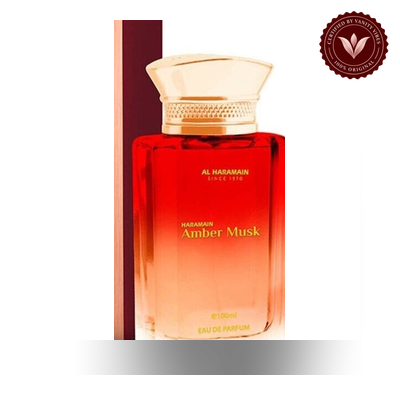 Al Haramain Amber Musk 100ml EDP bottle view with Vanity Vibes badge