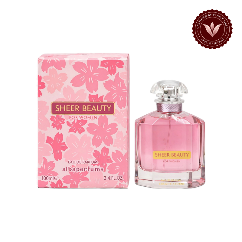 Alba Sheer Beauty; bottle and box, transparent background, Vanity Vibes badge
