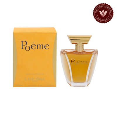 Lancôme Poême 100ml box and bottle view with Vanity Vibes badge