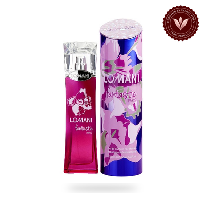 Lomani Fantastic Paris 100ml perfume with cylindrical presentation tube, alternate view with Vanity Vibes authenticity badge