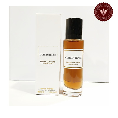 Privee Couture Cuir Intense 30ml box and bottle with Vanity Vibes badge