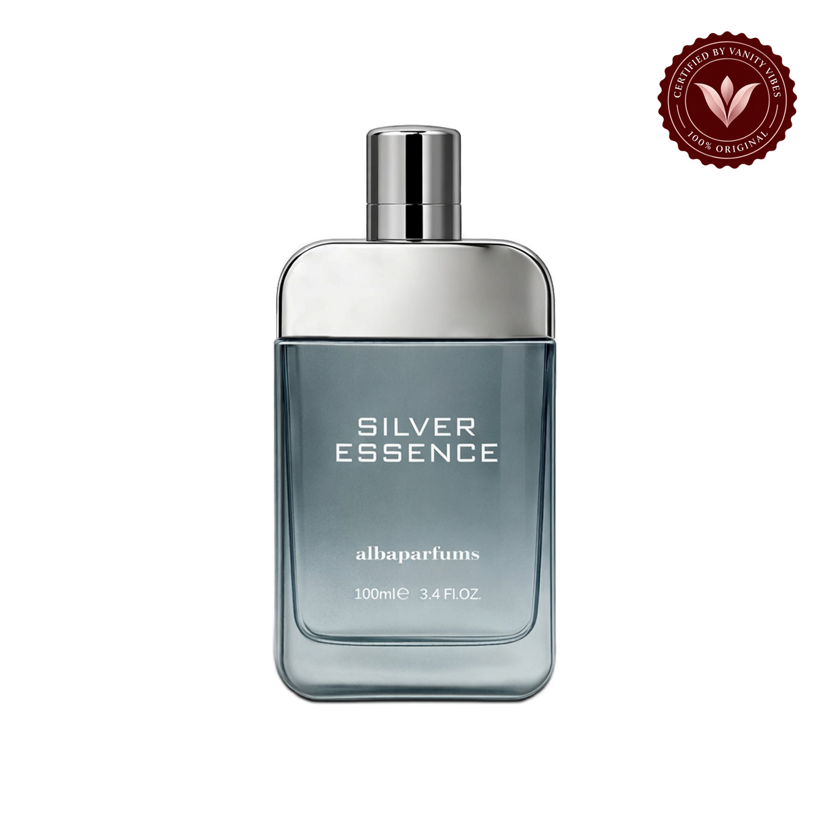 Alba Silver Essence; single front-facing product, transparent background, Vanity Vibes badge