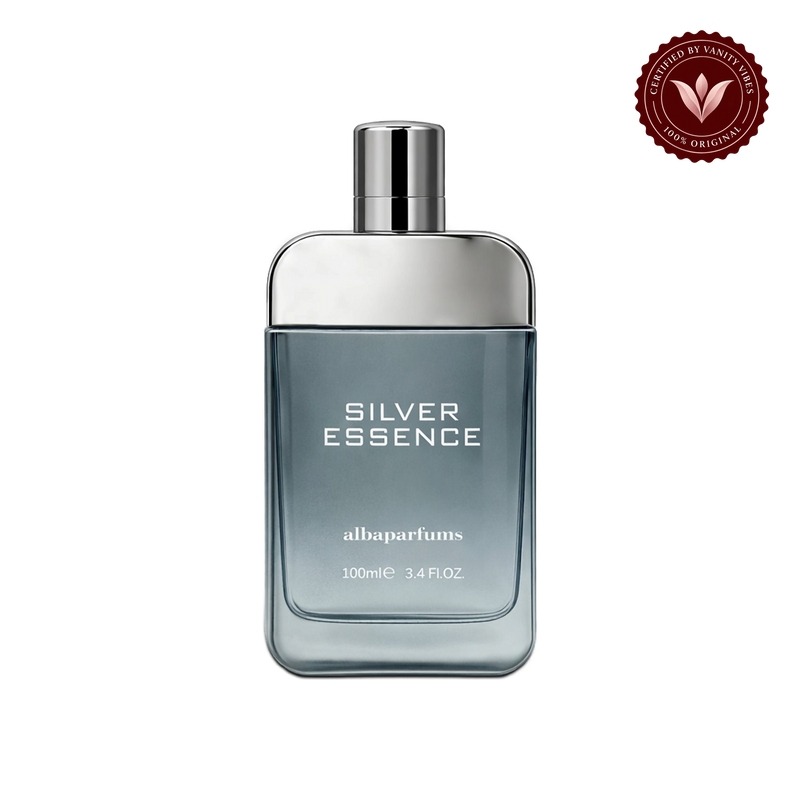 Alba Silver Essence; single front-facing product, transparent background, Vanity Vibes badge