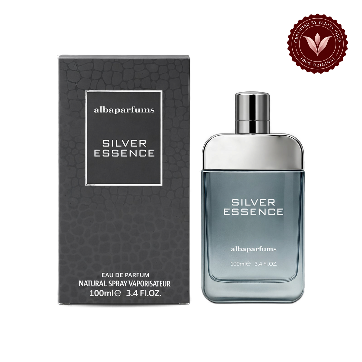 Alba Silver Essence; bottle and box, transparent background, Vanity Vibes badge