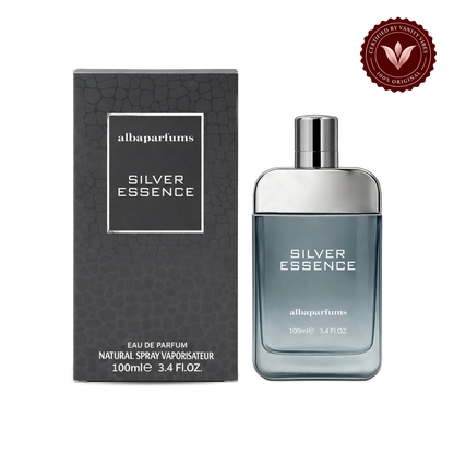 Alba Silver Essence; bottle and box, transparent background, Vanity Vibes badge
