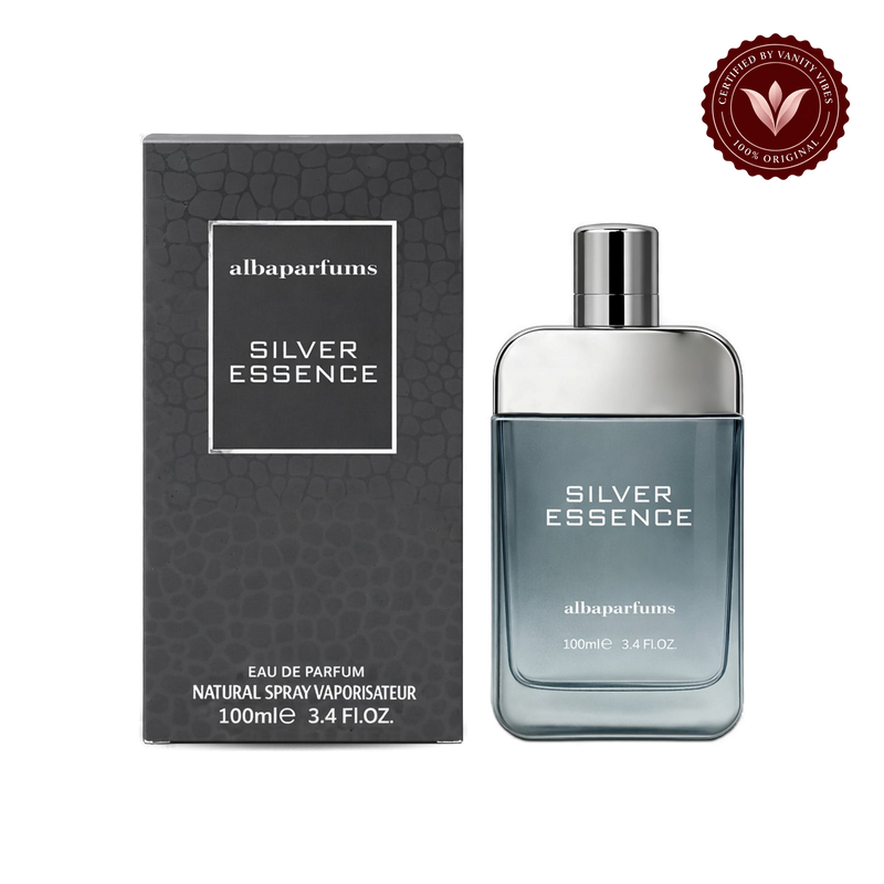 Alba Silver Essence; bottle and box, transparent background, Vanity Vibes badge