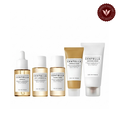 SKIN1004 Madagascar Centella Travel Kit contents on white background with Vanity Vibes seal