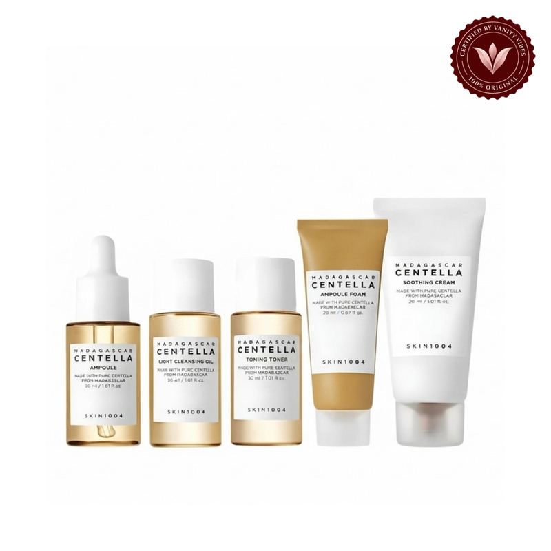 SKIN1004 Madagascar Centella Travel Kit contents on white background with Vanity Vibes seal