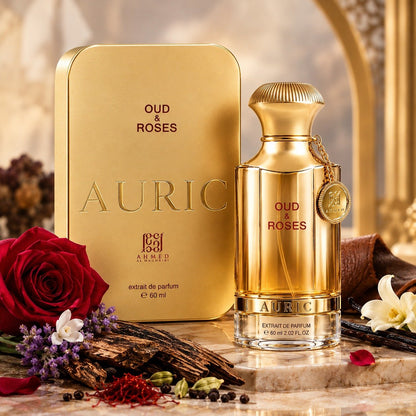 Ahmed Al Maghribi Oud & Roses Auric 60ml bottle and box