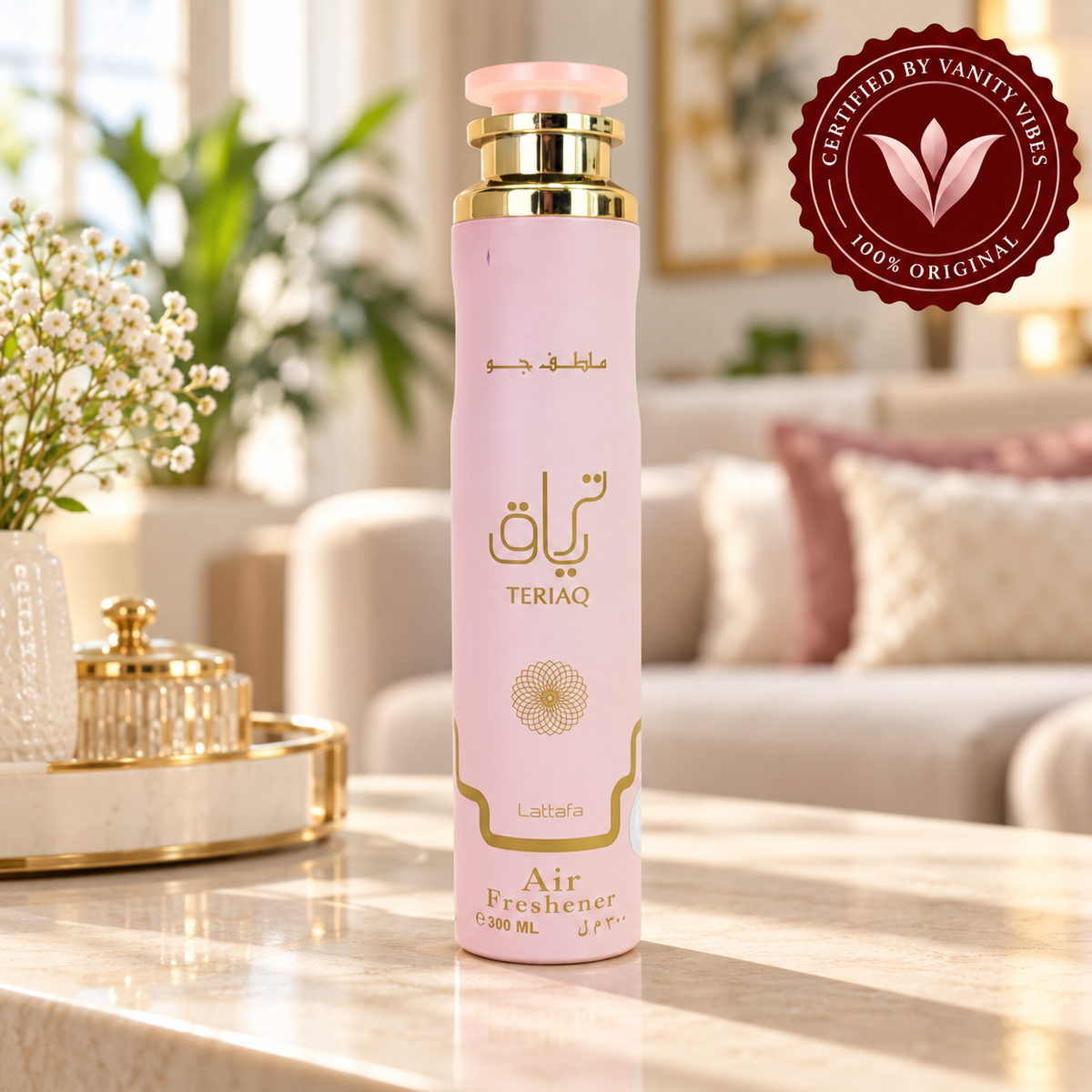 Lattafa Teriaq Air Freshener 300ml in a home setting with Vanity Vibes seal