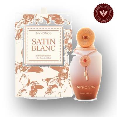 Mykonos Satin Blanc 100ml front product with box and bottle | Vanity Vibes Pakistan
