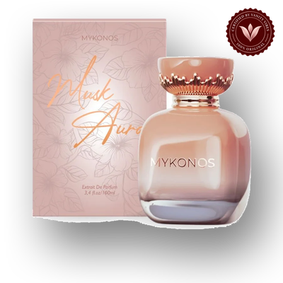 Mykonos Musk Aura 100ml front product with box and bottle | Vanity Vibes Pakistan