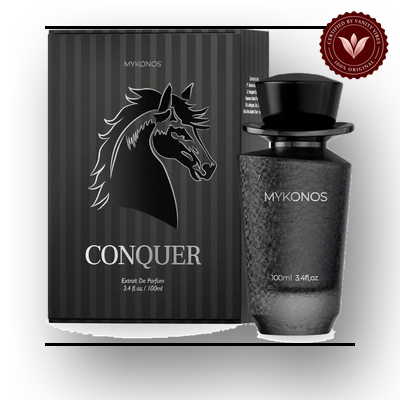 Mykonos Conquer 100ml bottle and box | Vanity Vibes Pakistan