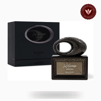 Maison Asrar Hikaya perfume presentation box and perfume bottle | Vanity Vibes Pakistan