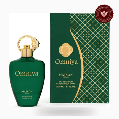 Maison Asrar Omniya perfume box and perfume bottle | Vanity Vibes Pakistan