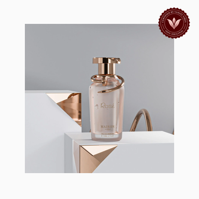 Maison Asrar Rosé perfume bottle view | Vanity Vibes Pakistan