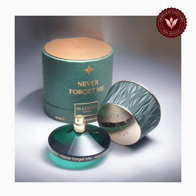 Maison Asrar Never Forget Me perfume product jar and packaging | Vanity Vibes Pakistan