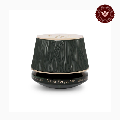 Maison Asrar Never Forget Me perfume product container view | Vanity Vibes Pakistan