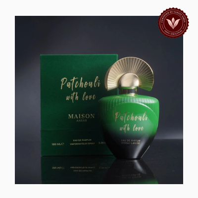 Maison Asrar Patchouli with Love 100ml perfume bottle and box | Vanity Vibes Pakistan