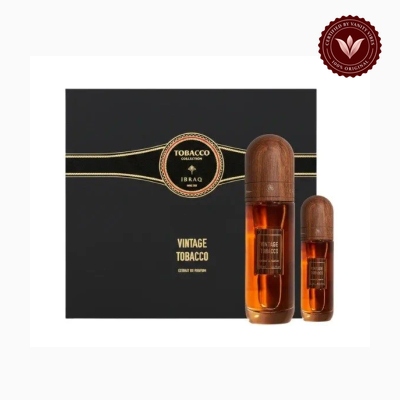 Ibrahim Al Qurashi Vintage Tobacco 100ml + 10ml perfume gift set packaging and contents | Vanity Vibes Pakistan
