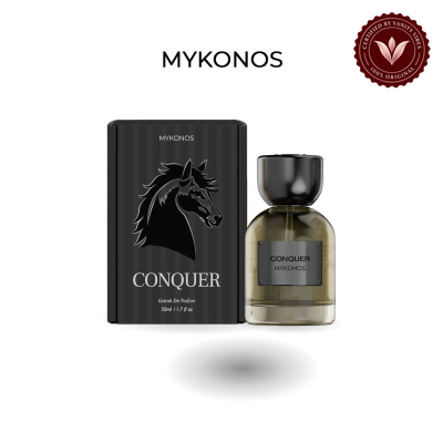 Mykonos Conquer 50ml bottle and box | Vanity Vibes Pakistan