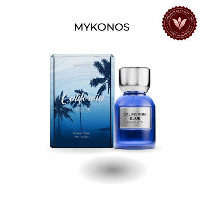 Mykonos California Blue 50ml bottle and box | Vanity Vibes Pakistan