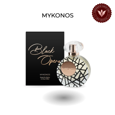 Mykonos Black Opera 100ml bottle and box | Vanity Vibes Pakistan