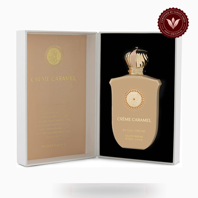 Gulf Orchid CRÃˆME CARAMEL box and bottle photo | Vanity Vibes Pakistan
