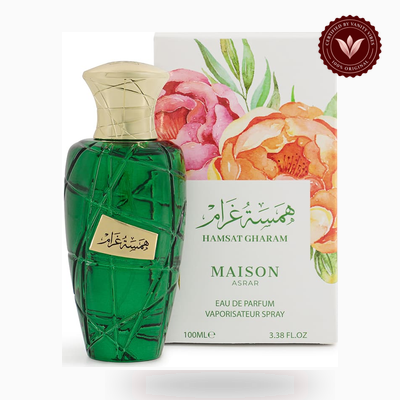 Maison Asrar HAMSAT GHARAM box and bottle photo | Vanity Vibes Pakistan