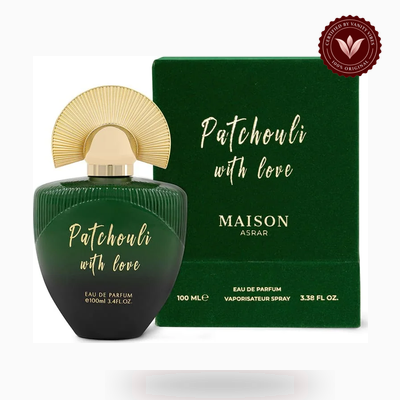 Maison Asrar Patchouli With Love box and bottle photo | Vanity Vibes Pakistan