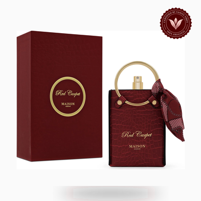Maison Asrar Red Carpet box and bottle photo | Vanity Vibes Pakistan