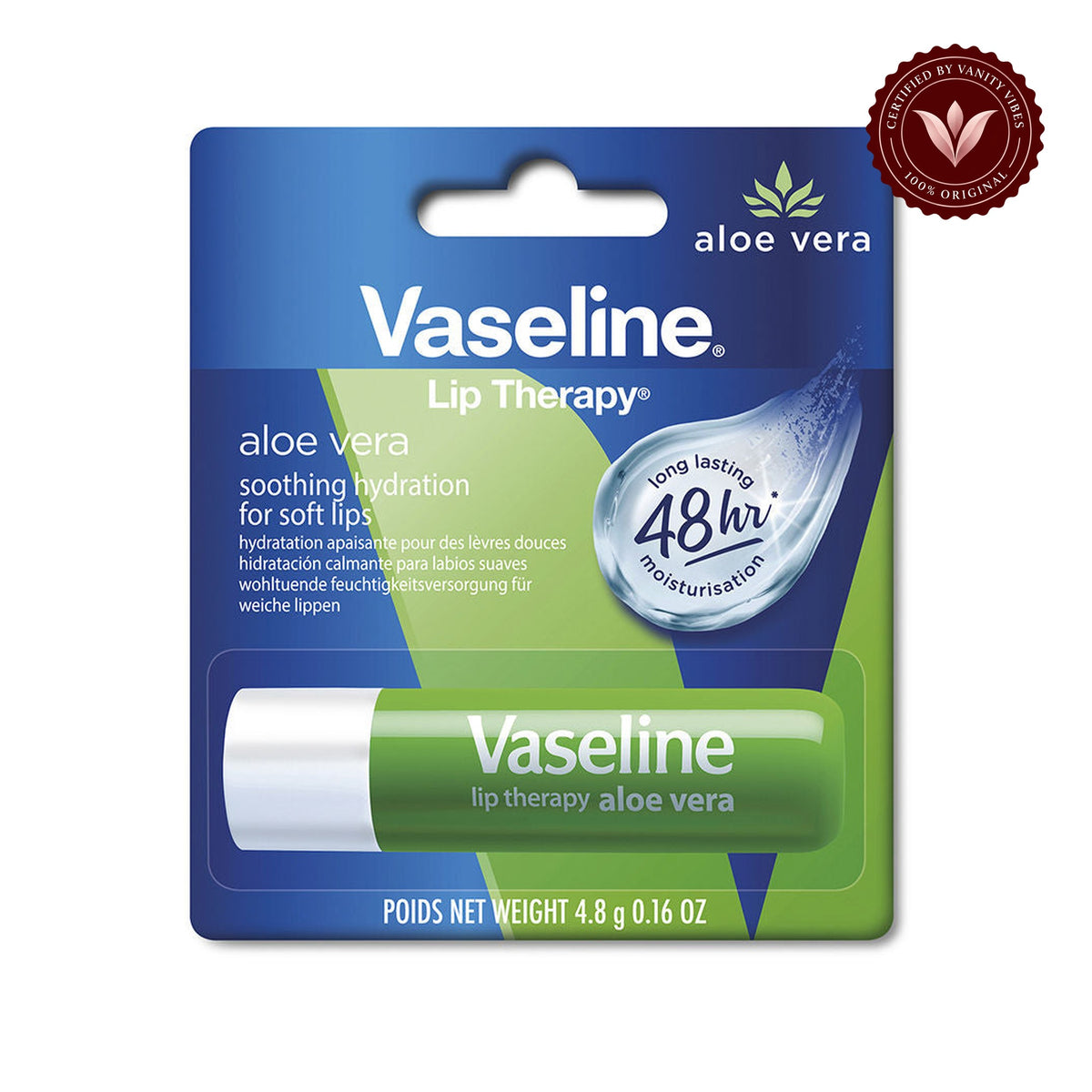 Vaseline Lip Therapy Aloe Vera Lip Balm 4.8g - Hydrating Lip Balm for Soft Smooth Lips, Daily Moisture Care, Dry Lip Protection & Aloe Vera Nourishment — centered front product image