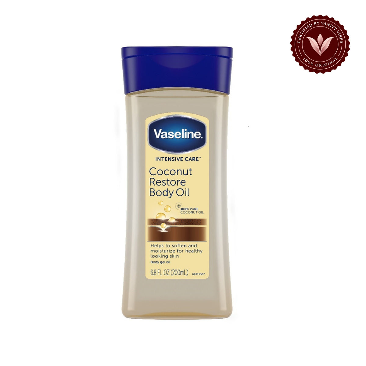 Vaseline Intensive Care Coconut Restore Body Oil 200ml - Nourishing Body Oil for Dry Skin, Deep Moisture Care, Soft Smooth Skin & Coconut Hydration Support — centered front product image