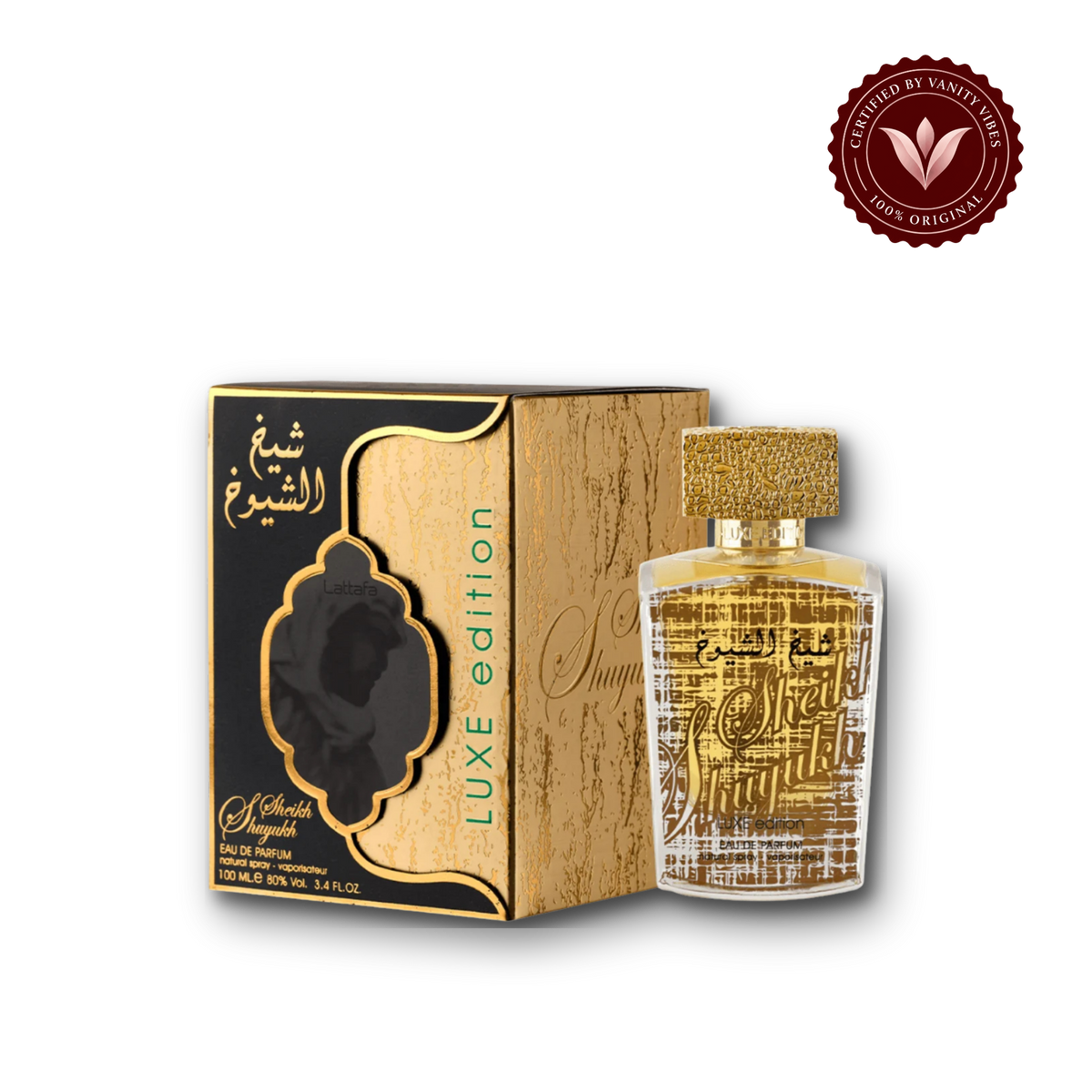 Lattafa Sheikh Al Shuyukh Luxe Edition Arabic Perfume for Women and men 100ml — bottle and box, Vanity Vibes